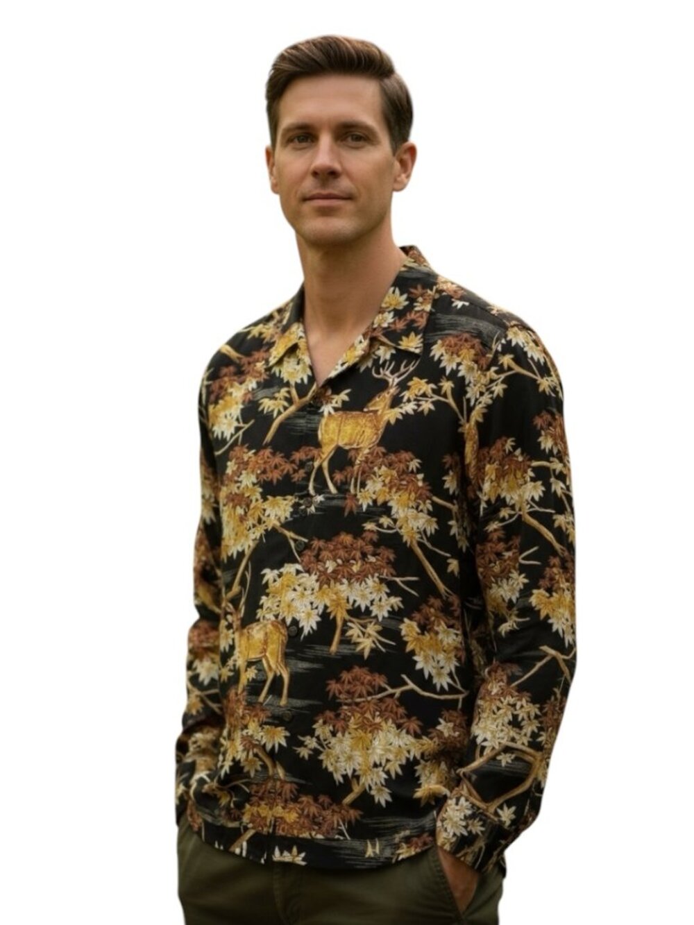 Houston Japan Mens Large Black Rayon Button Down Shirt Deer Maple Leaf Print